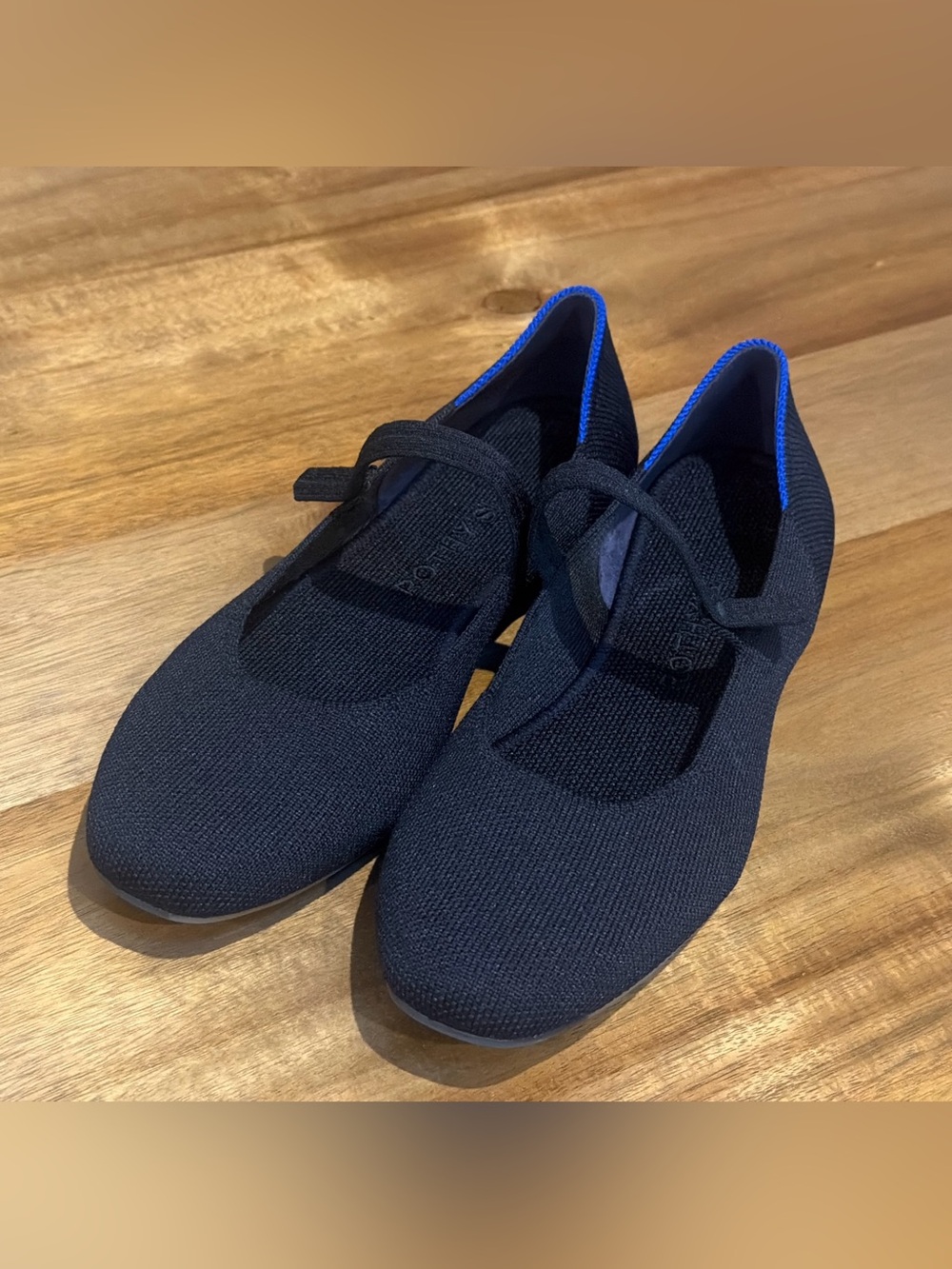Rothy's Black Knit Mary Jane Flats with Blue Trim